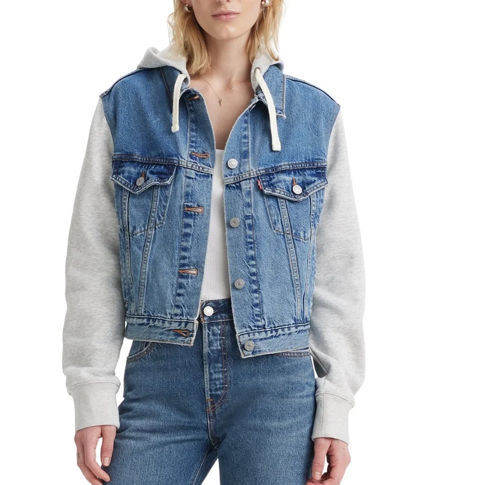 Levi’s Women's Hybrid Denim Hoodie Trucker Jacket Blue Gray 100% Cotton size S - Picture 2 of 10